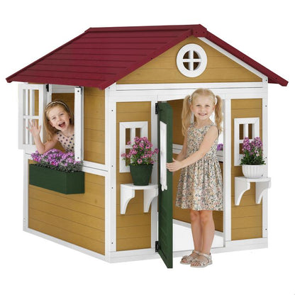 Kids wooden playhouse with dark green door, front windows, and red roof