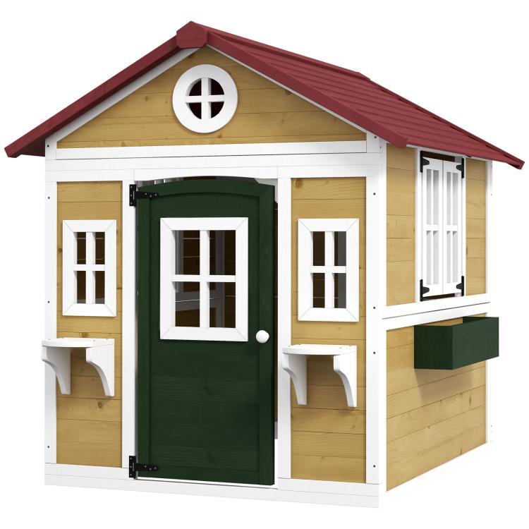 Children’s wooden playhouse with green front door and side windows, red roof