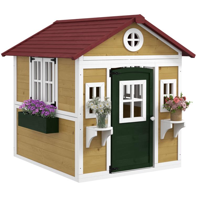 Kids wooden playhouse with red roof, white trim, door and windows, beige exterior