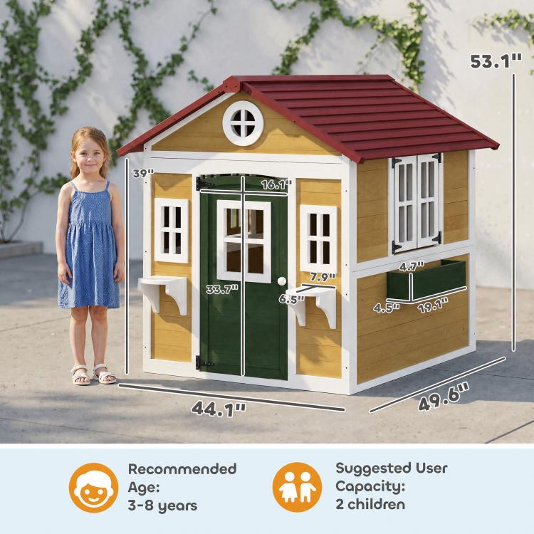 Wooden playhouse for kids with green door, windows, and red roof, size diagram