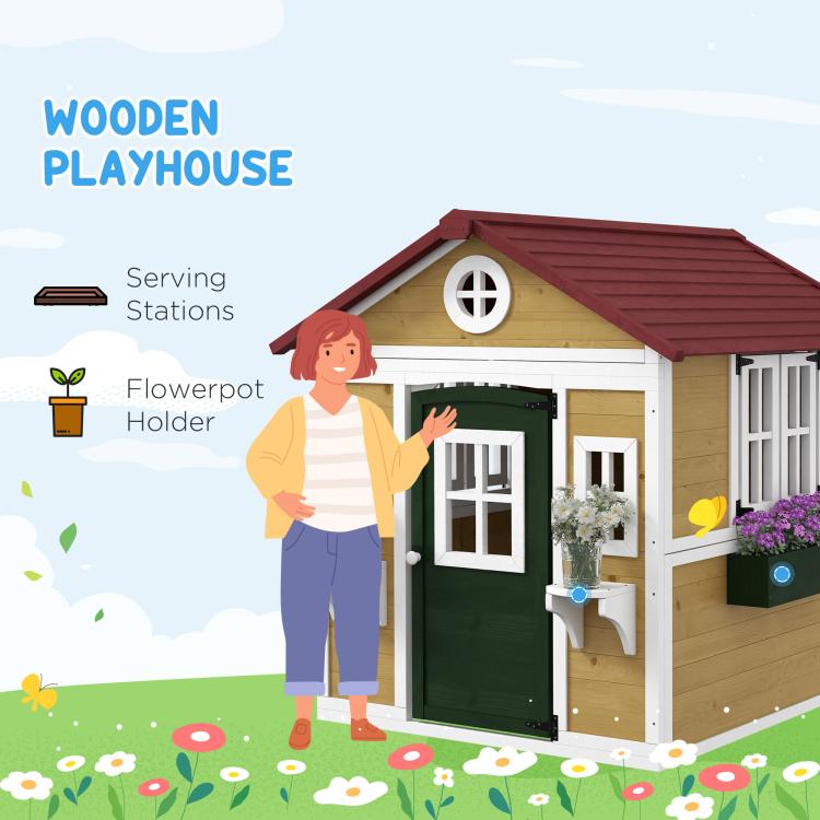 Wooden playhouse illustration showing red roof, front door, and windows