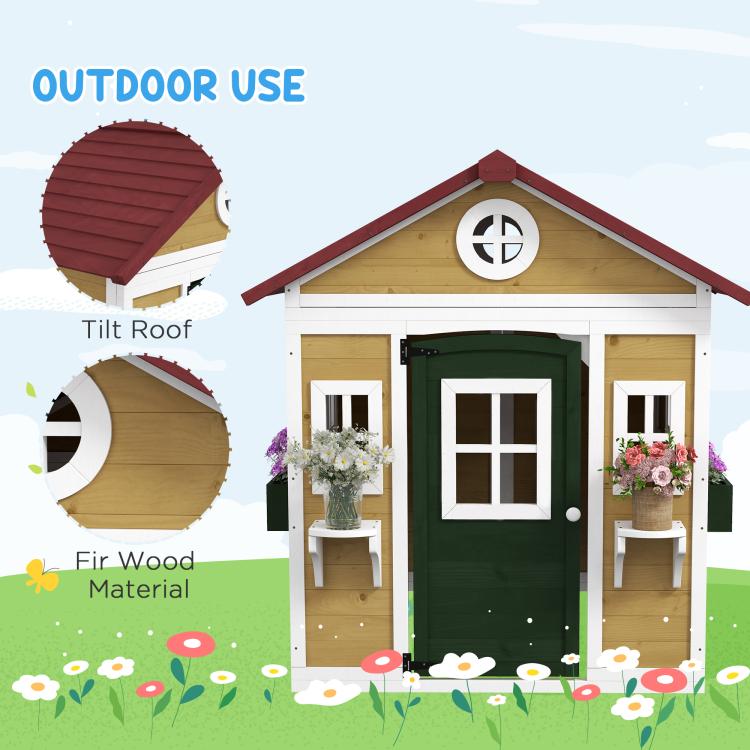 Outdoor wooden playhouse illustration with red tilt roof and green front door