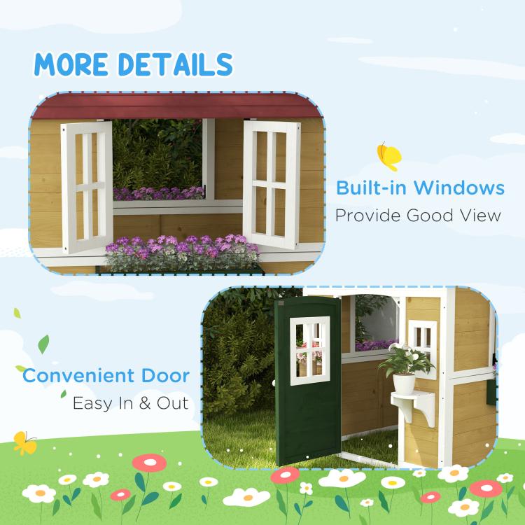 Playhouse details graphic showing front door and built-in windows