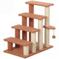 Brown and beige 4-level cat steps with scratching posts, platforms, and hanging ball