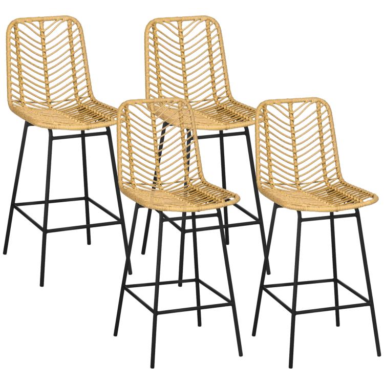 Set of 4 rattan bar stools with woven backs and tan seats on black steel legs