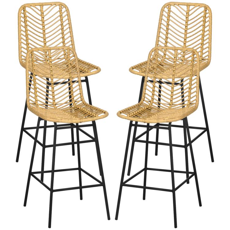 Pair of rattan counter bar stools with curved woven seats and black steel frames