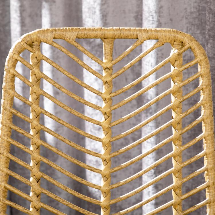 Light tan rattan bar stool back with crosshatch weave and curved top