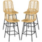 Set of two light tan wicker bar stools with black steel legs and footrest