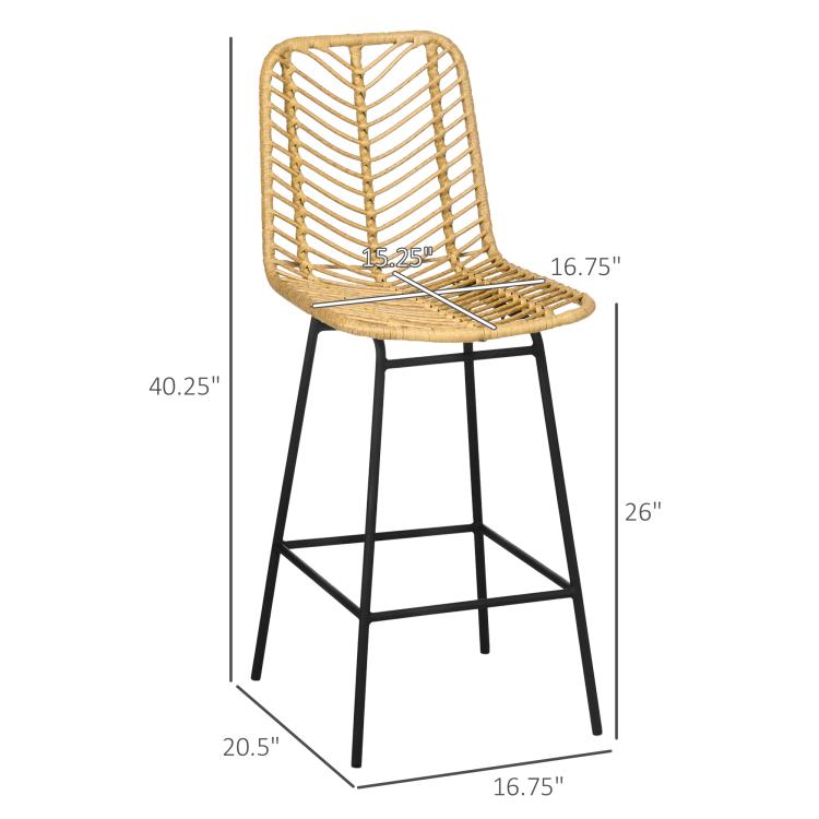 Single rattan bar stool with curved woven seat, tall back, and black steel legs