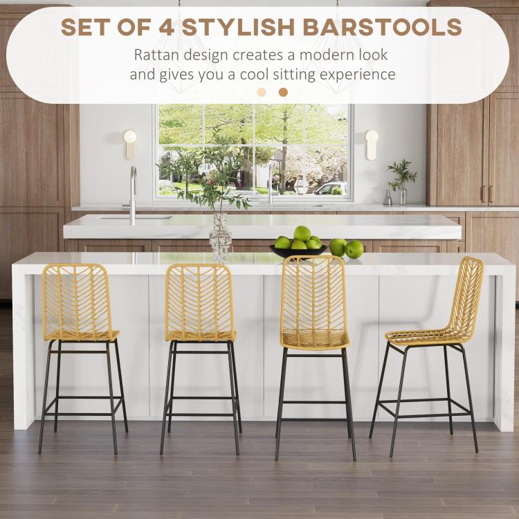 Set of 4 rattan bar stools with woven seats and backs on black steel legs