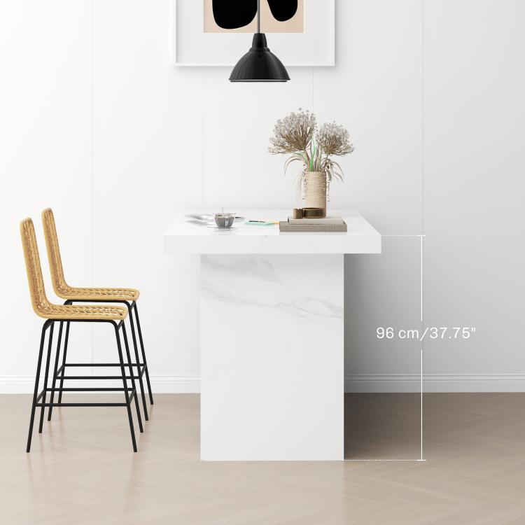 Single rattan bar stool with woven seat, curved back, and black steel legs