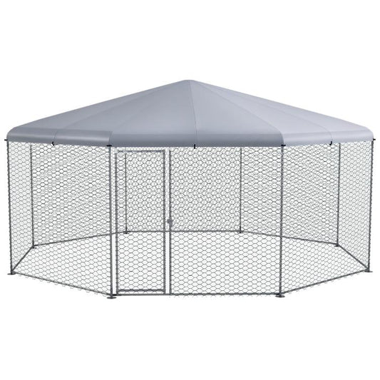 Large chicken run with gray dome cover and hex wire mesh fencing