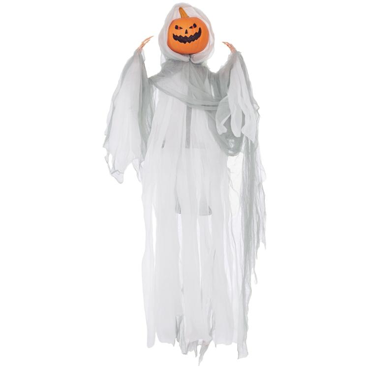 Hanging Halloween ghost pumpkin prop with orange jack-o’-lantern face and white tattered robe