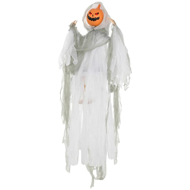 Hanging Halloween ghost pumpkin prop in white tattered robe with orange jack-o’-lantern head