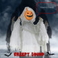 Hanging Halloween ghost pumpkin prop with glowing red eyes on orange jack-o’-lantern face
