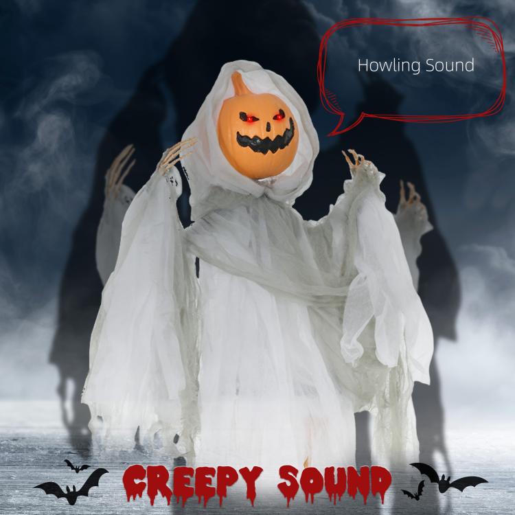 Hanging Halloween ghost pumpkin prop with glowing red eyes on orange jack-o’-lantern face