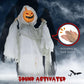 Hanging Halloween ghost pumpkin prop with orange jack-o’-lantern face, raised arms, white robe