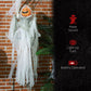 Hanging Halloween ghost pumpkin prop with orange jack-o’-lantern face and flowing white tattered body