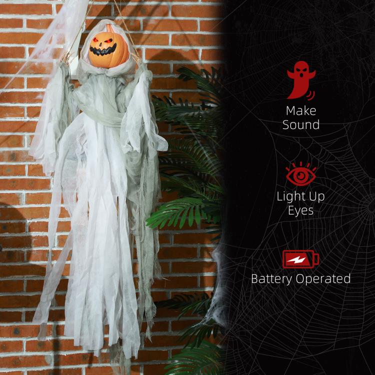 Hanging Halloween ghost pumpkin prop with orange jack-o’-lantern face and flowing white tattered body
