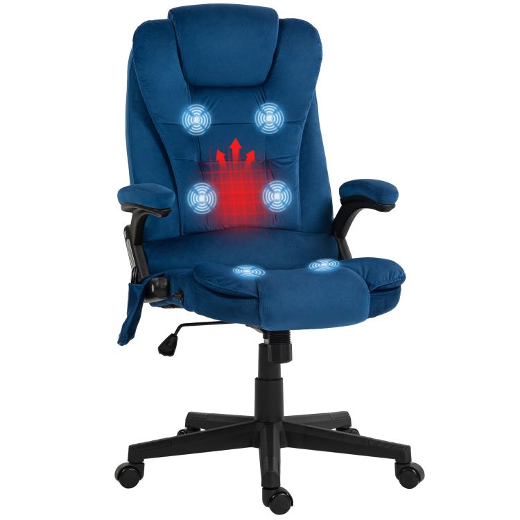 Dark blue velvet office chair with high back, armrests, and massage seat panels