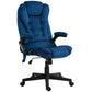 Dark blue upholstered office chair with high back, curved armrests, and tilt lever