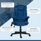 Blue velvet high-back office chair with padded arms and wheeled base