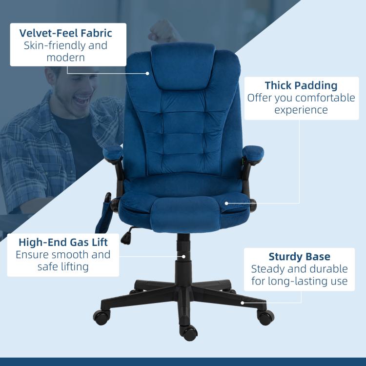 Blue velvet high-back office chair with padded arms and wheeled base