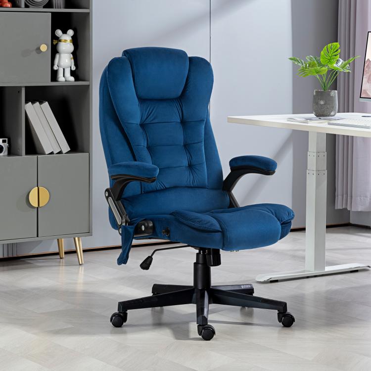 Dark blue velvet office chair with high back and padded armrests on rolling base