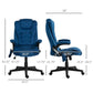 Dark blue office chair with height and footrest dimensions shown on diagram