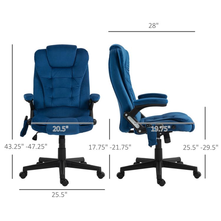 Dark blue office chair with height and footrest dimensions shown on diagram