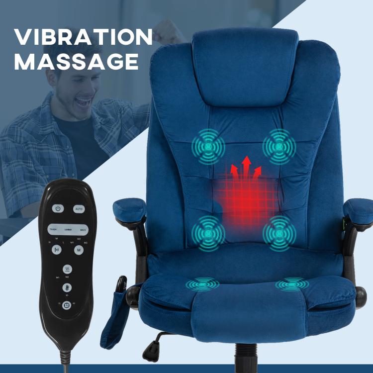 Dark blue massage office chair with wireless remote and illuminated vibration pad icons