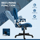 Dark blue reclining office chair with angled back and seat position diagram