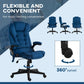 Dark blue swivel executive office chair with armrests, base wheels, and seat adjustment