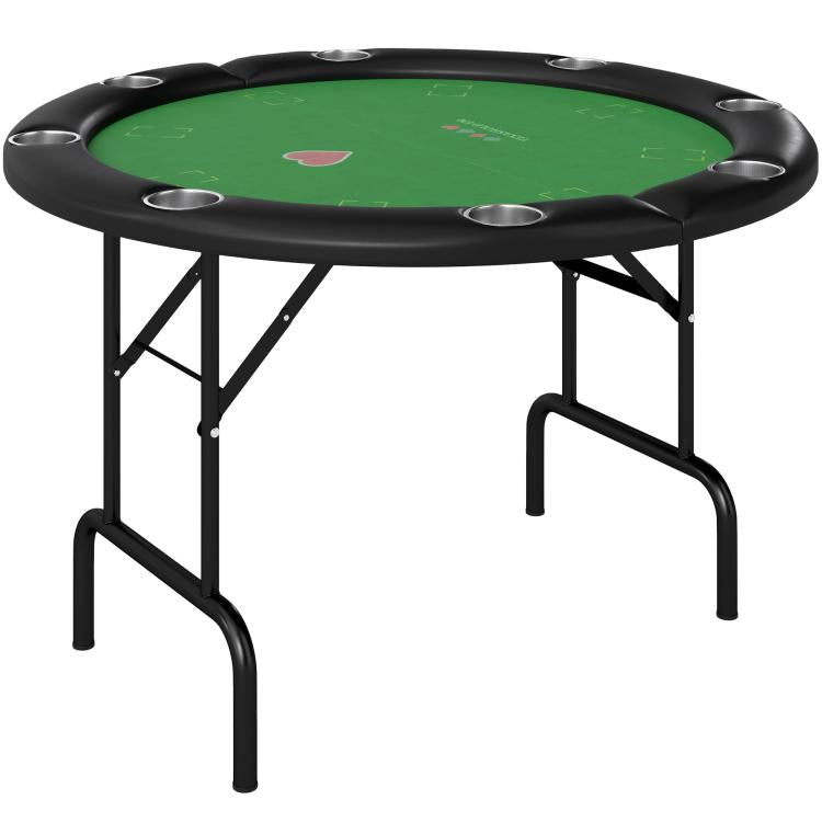 Round foldable poker table with green felt top, black frame and cup holders