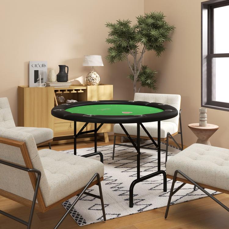 Foldable round poker table with green felt top and black padded rail