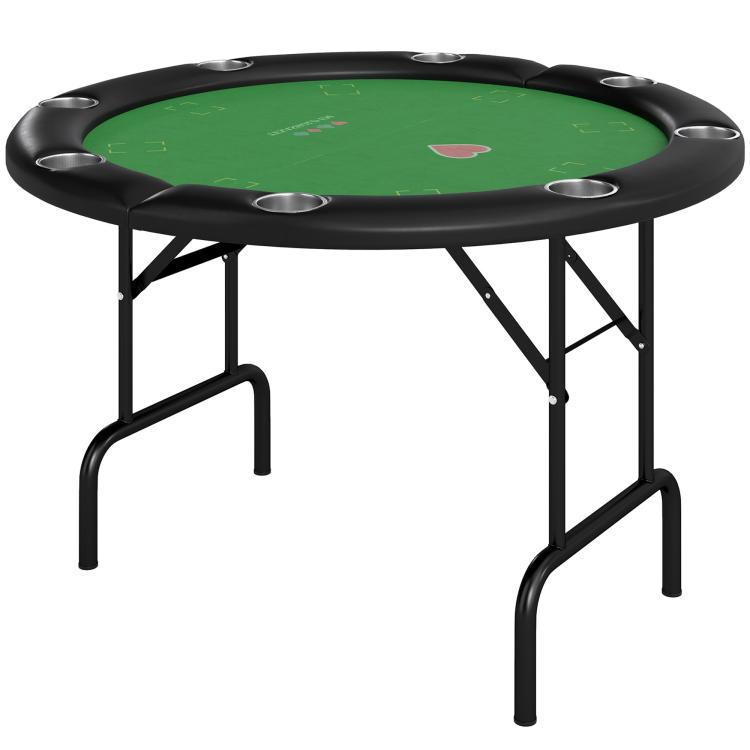 Folding poker table with green felt, black edge, and cup-holder openings
