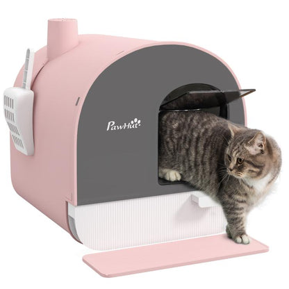 Pink covered cat litter box with side scoop holder and front paw-shaped entry