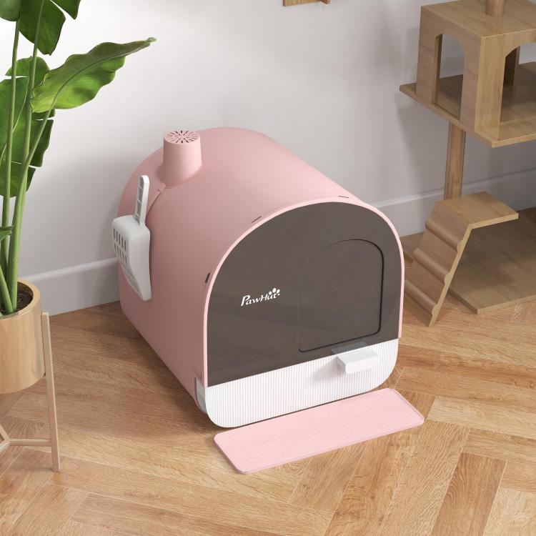 Pink enclosed cat litter box with lid, built-in filter, and side scoop storage
