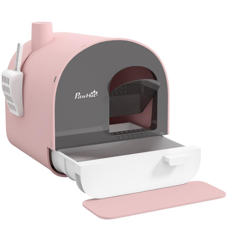 Pink cat litter box with lid, open front drawer, scoop included, and top filter
