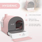 Pink covered cat litter box showing scoop holder and slide-out tray design