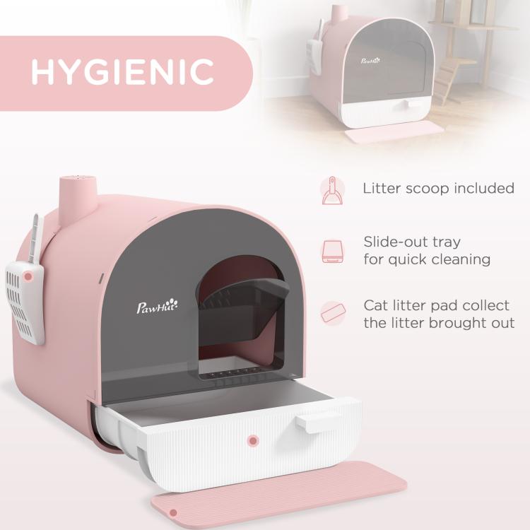 Pink covered cat litter box showing scoop holder and slide-out tray design