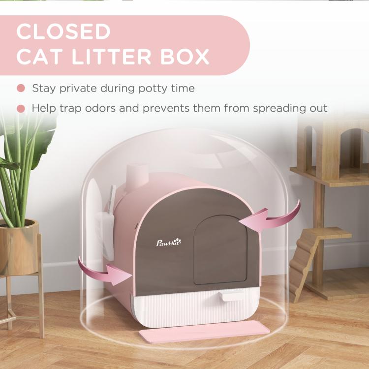 Pink enclosed cat litter box with rotating arrow cover over the front opening