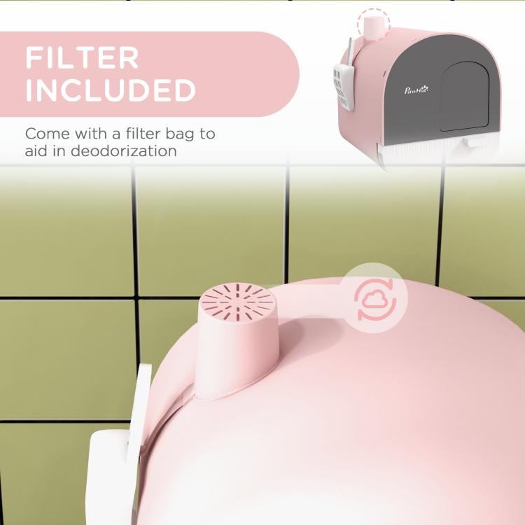 Pink cat litter box with filter area on top and enclosed front entry