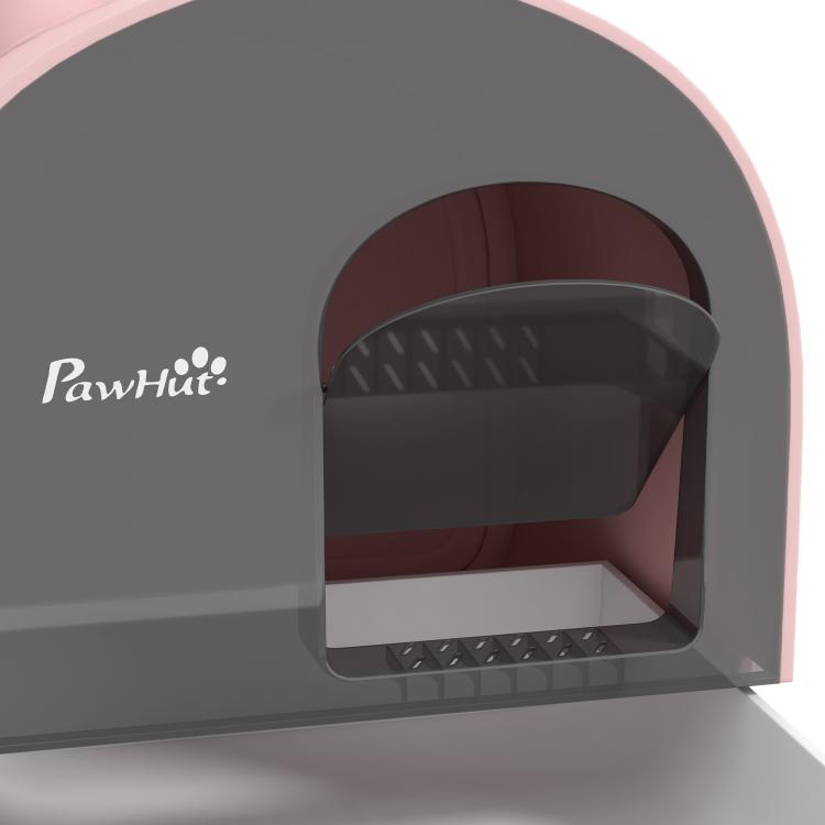 Close-up of gray interior door of pink cat litter box with anti-splash grate floor