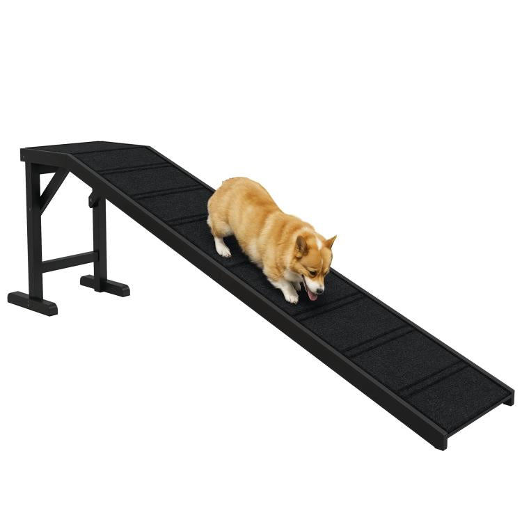 Black dog ramp with non-slip carpet surface and top platform, metal side supports