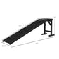 Black dog ramp with non-slip carpet and top platform, size labeled 74 x 16 x 25 in