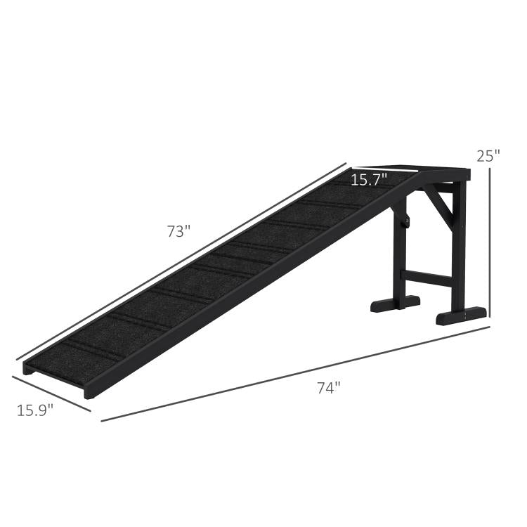 Black dog ramp with non-slip carpet and top platform, size labeled 74 x 16 x 25 in