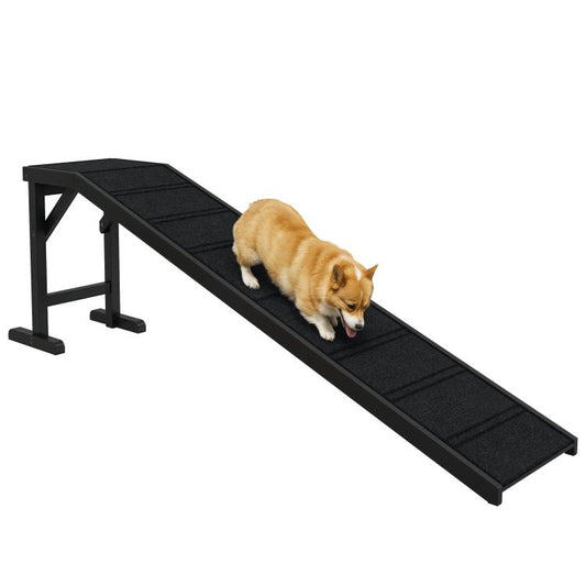 Black dog ramp with non-slip carpet surface and top platform, metal side supports