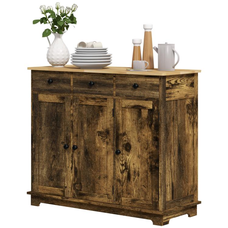Brown wooden sideboard cabinet with doors and drawers, solid wood top
