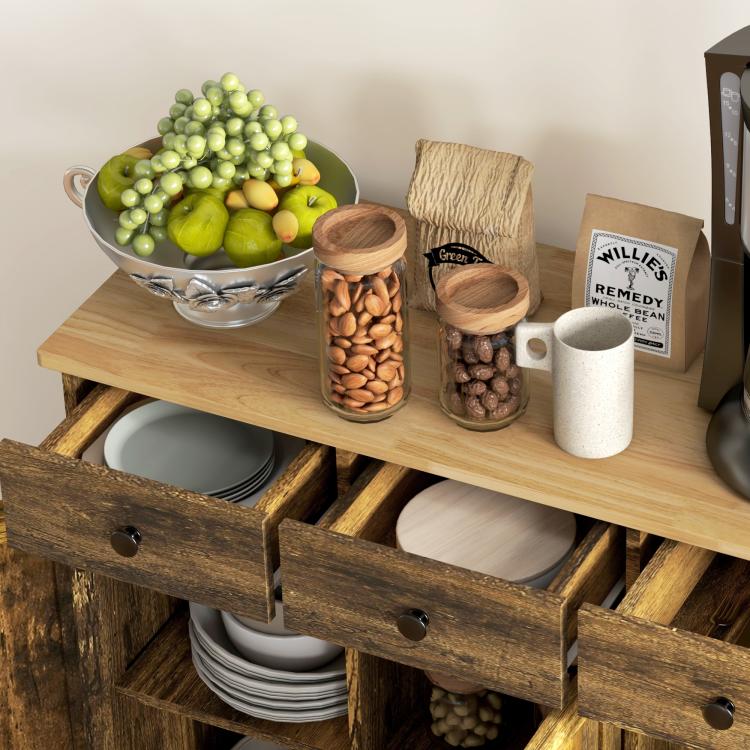 Brown kitchen storage sideboard with solid wood top and open drawers for dishes